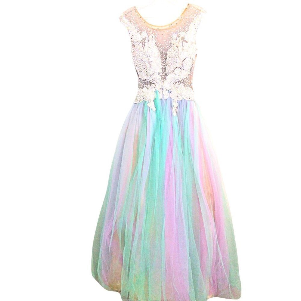 FORMAL TEAL & PURPLE TULLE BALLGOWN W/CRYSTAL & PEARL BODICE EVENING DRESS